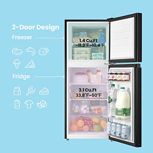 COMFEE' CRM45D3ABB Cu Ft Mini Fridge with Freezer, Energy Saving, Adjustable Legs, Temperature Thermostat Dial, Removable Shelf, Perfect for Home/Dorm/Garage Double Door Refrigerator, 4.5 Cuft, Black