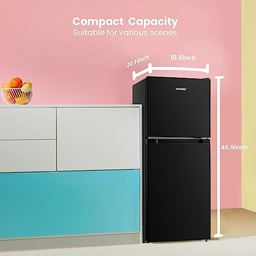 COMFEE' CRM45D3ABB Cu Ft Mini Fridge with Freezer, Energy Saving, Adjustable Legs, Temperature Thermostat Dial, Removable Shelf, Perfect for Home/Dorm/Garage Double Door Refrigerator, 4.5 Cuft, Black