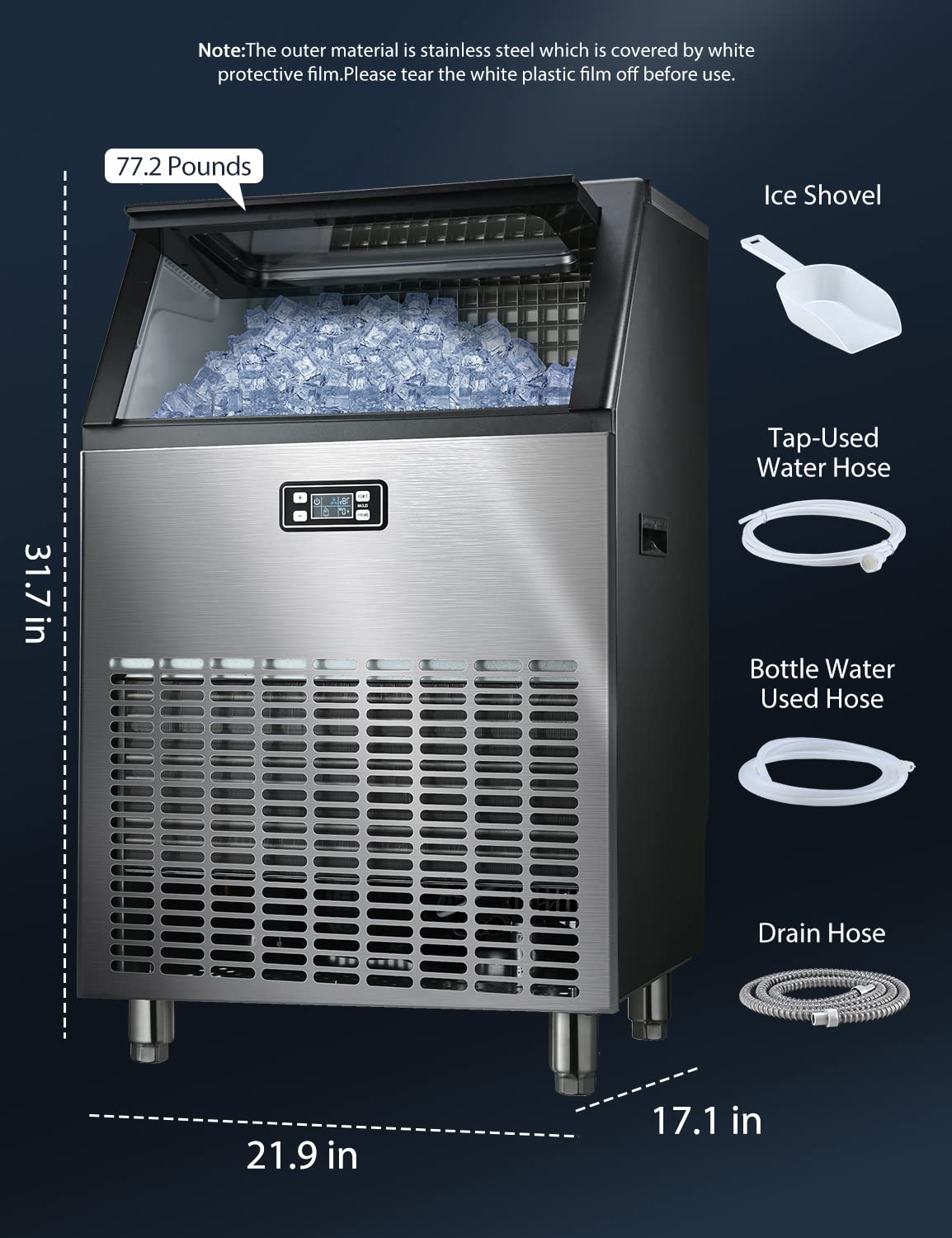 Commercial Ice Maker Machine Self Clean, 200lbs/24H Stainless Steel Ice Machine 105 Cubes/Batch in 11-18 Minutes with 48lbs Ice Storage Bin, Freestanding Ice Maker for Restaurant/Home/Food Truck