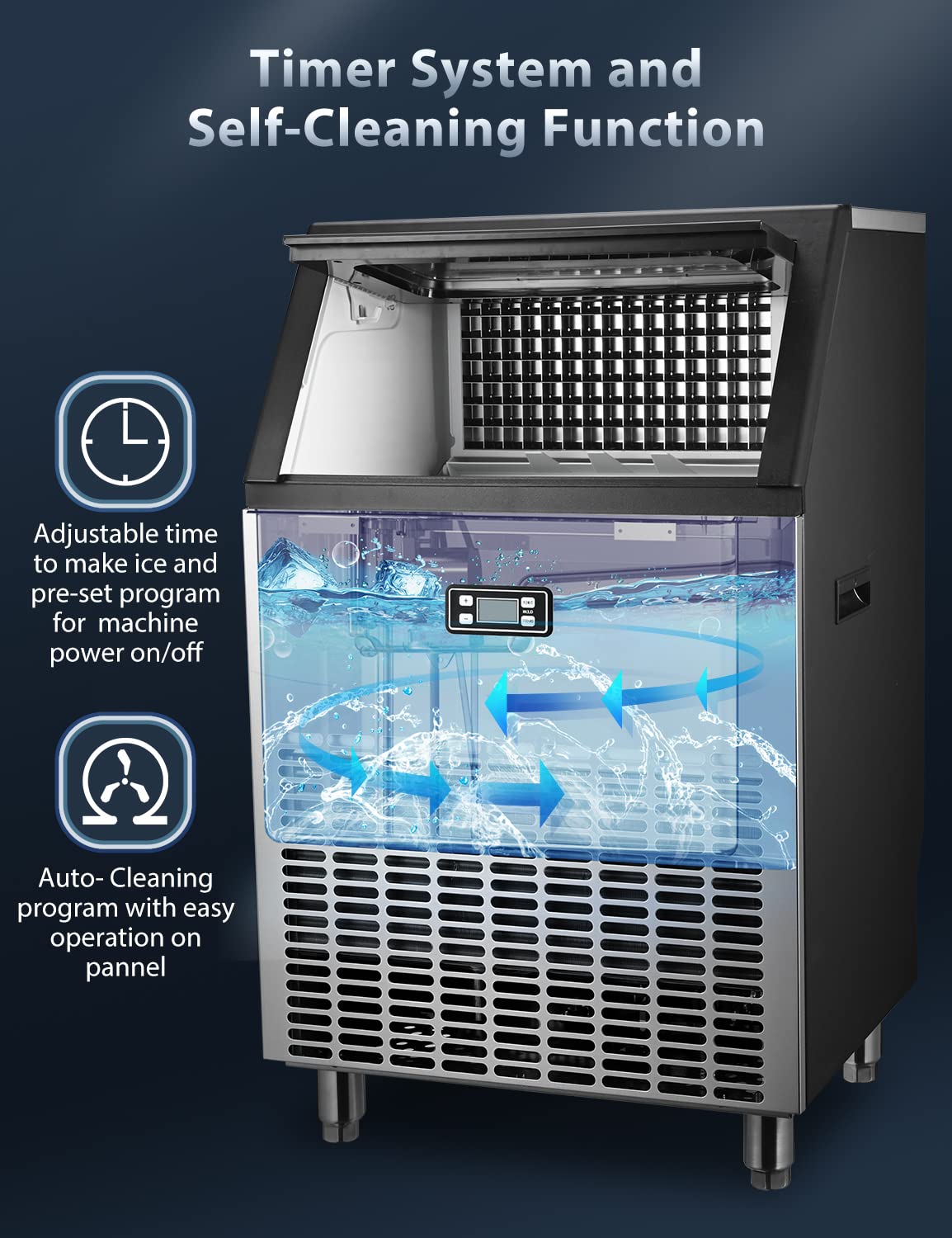 Commercial Ice Maker Machine Self Clean, 200lbs/24H Stainless Steel Ice Machine 105 Cubes/Batch in 11-18 Minutes with 48lbs Ice Storage Bin, Freestanding Ice Maker for Restaurant/Home/Food Truck