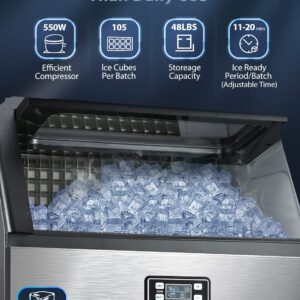 Commercial Ice Maker Machine Self Clean, 200lbs/24H Stainless Steel Ice Machine 105 Cubes/Batch in 11-18 Minutes with 48lbs Ice Storage Bin, Freestanding Ice Maker for Restaurant/Home/Food Truck