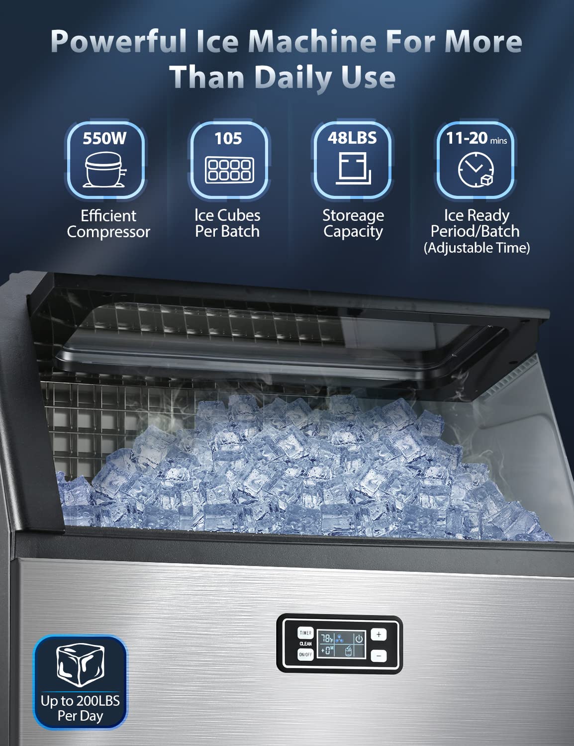 Commercial Ice Maker Machine Self Clean, 200lbs/24H Stainless Steel Ice Machine 105 Cubes/Batch in 11-18 Minutes with 48lbs Ice Storage Bin, Freestanding Ice Maker for Restaurant/Home/Food Truck