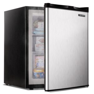 euhomy upright freezer, 2.1 cubic feet, single door compact mini freezer with reversible stainless steel door, removable shelves, small freezer for home/dorms/apartment/office (silver)