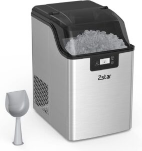 zstar nugget ice maker, stainless steel countertop ice machine with 44lbs/24h output, crunchy sonic ice maker machine, self-cleaning portable ice maker with freestanding ice scoop for home,office,bar