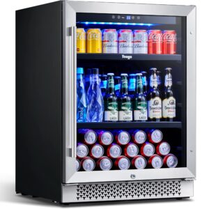 yeego 24 inch beverage refrigerator, 180 can beer fridge with advanced cooling system(34-54°f), beverage cooler built-in or freestanding for drink beer soda wine water, quiet operation, blue led light