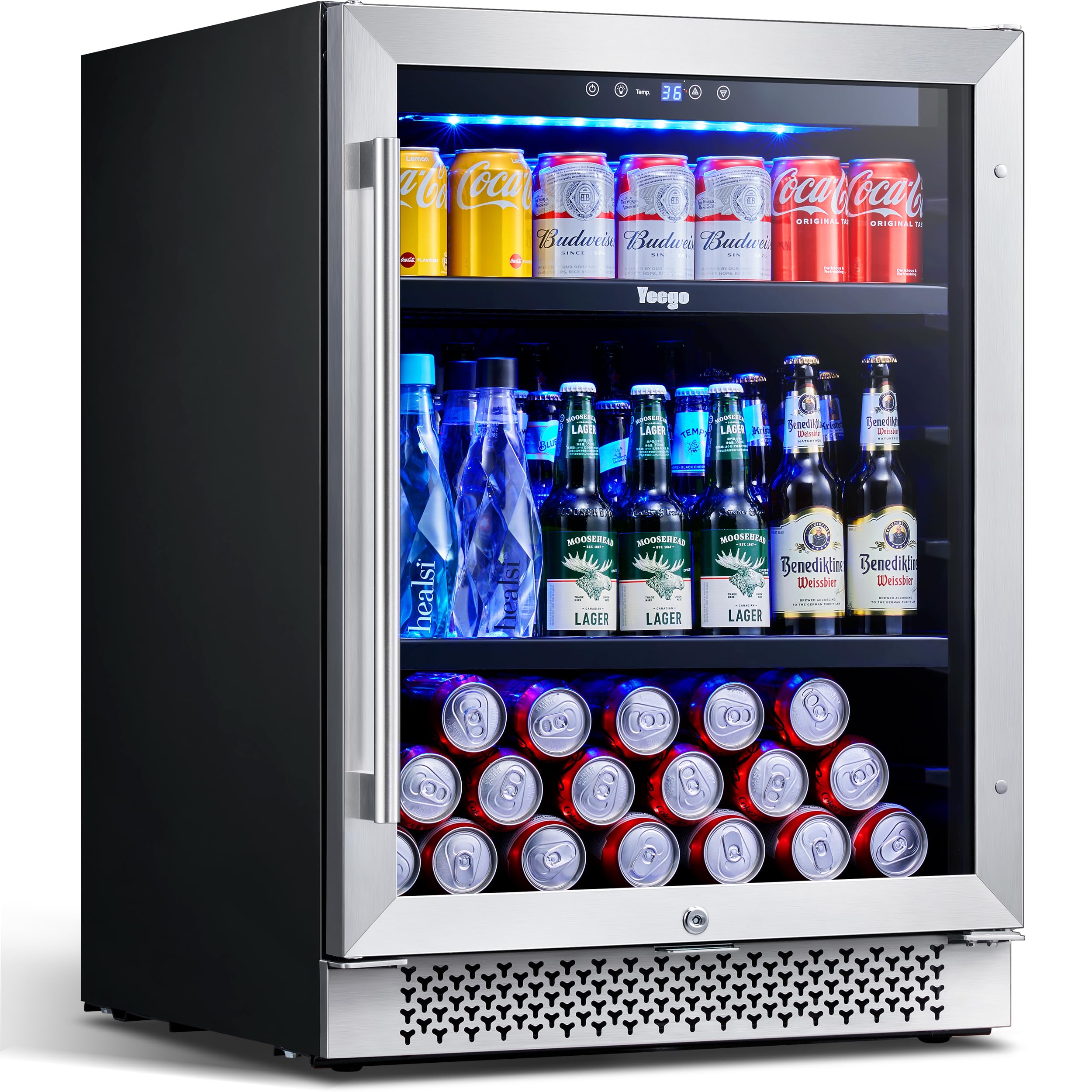 Yeego 24 Inch Beverage Refrigerator, 180 can Beer Fridge with Advanced Cooling System(34-54°F), Beverage Cooler Built-in or Freestanding for Drink Beer Soda Wine Water, Quiet Operation, Blue LED Light