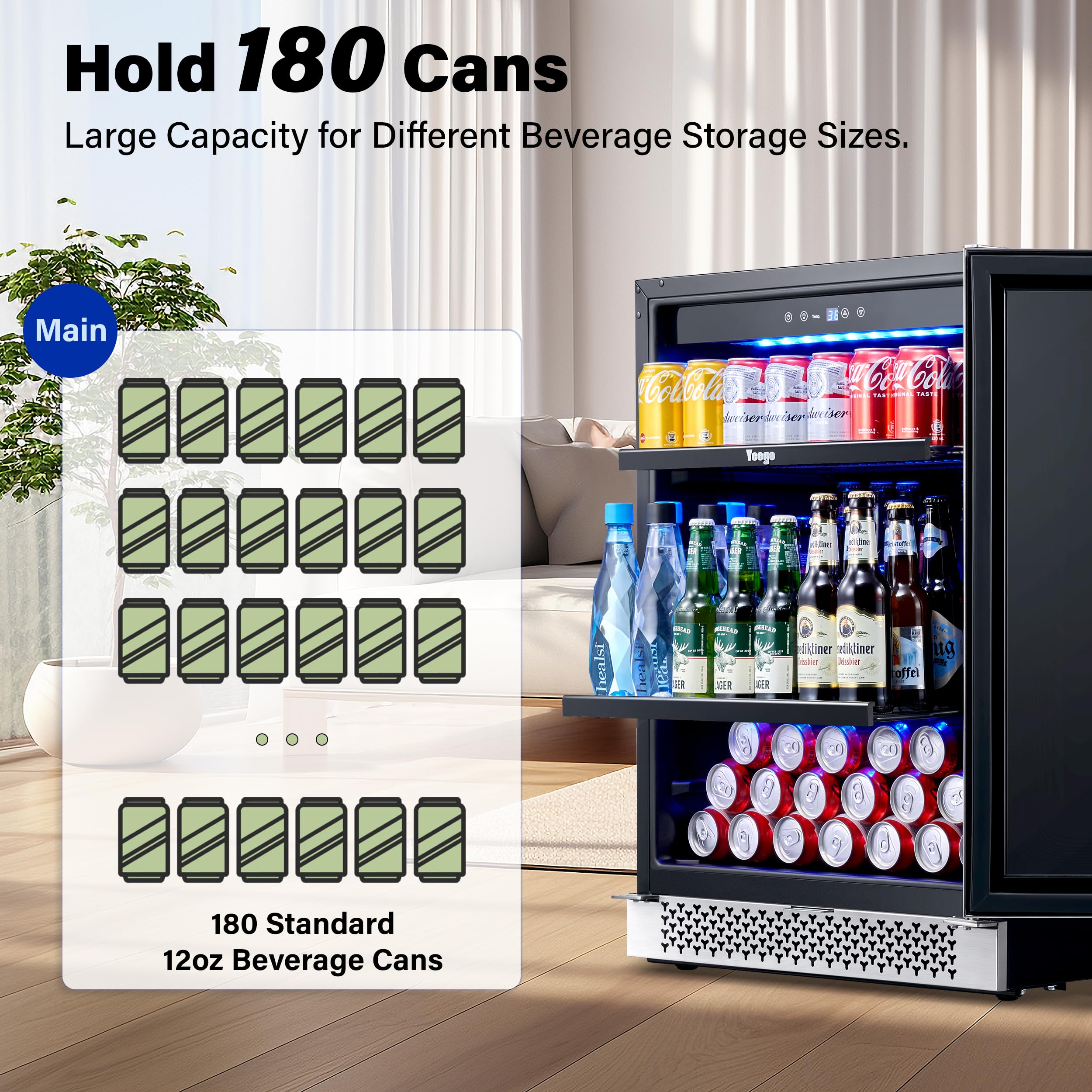 Yeego 24 Inch Beverage Refrigerator, 180 can Beer Fridge with Advanced Cooling System(34-54°F), Beverage Cooler Built-in or Freestanding for Drink Beer Soda Wine Water, Quiet Operation, Blue LED Light
