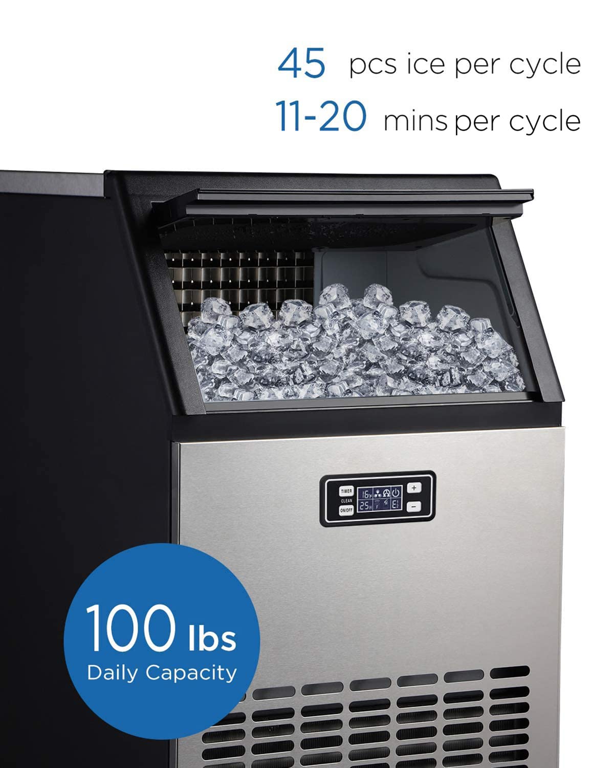 ADT Ice Machine Stainless Steel Under Counter Freestanding Commercial Ice Maker Machine (ZB-99LBS, Single-Water Inlet, 17.7 x 15.72 x 31.5 inches, 99.00, 1, 1)