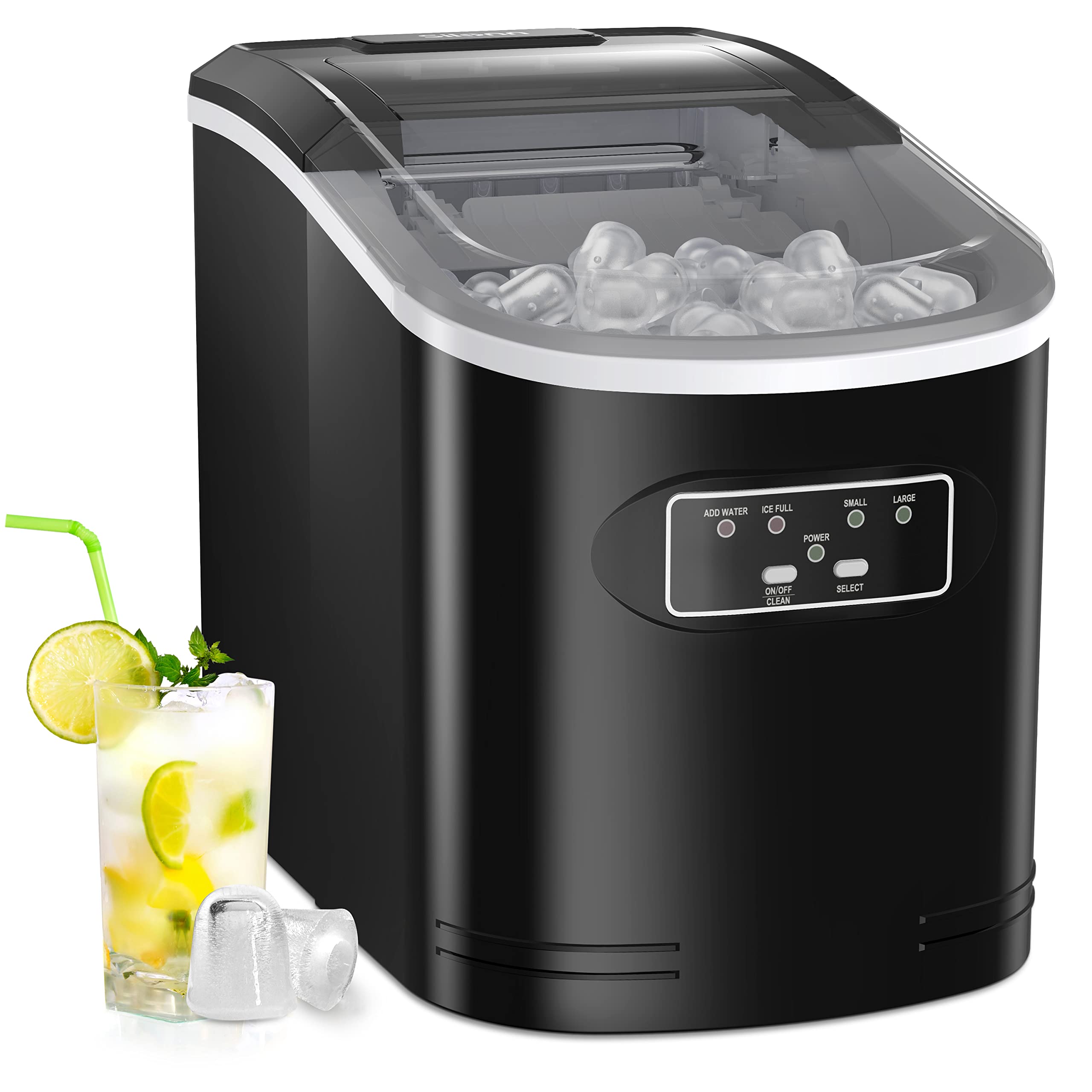 Silonn Ice Maker Machine Countertop, 26 lbs in 24 Hours, 9 Cubes Ready in 6 Mins, Self-Clean Compact Portable Ice Maker with Ice Scoop and Basket, Black (SLIM07)