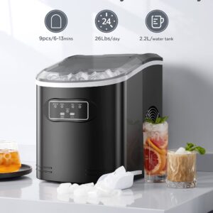 Silonn Ice Maker Machine Countertop, 26 lbs in 24 Hours, 9 Cubes Ready in 6 Mins, Self-Clean Compact Portable Ice Maker with Ice Scoop and Basket, Black (SLIM07)