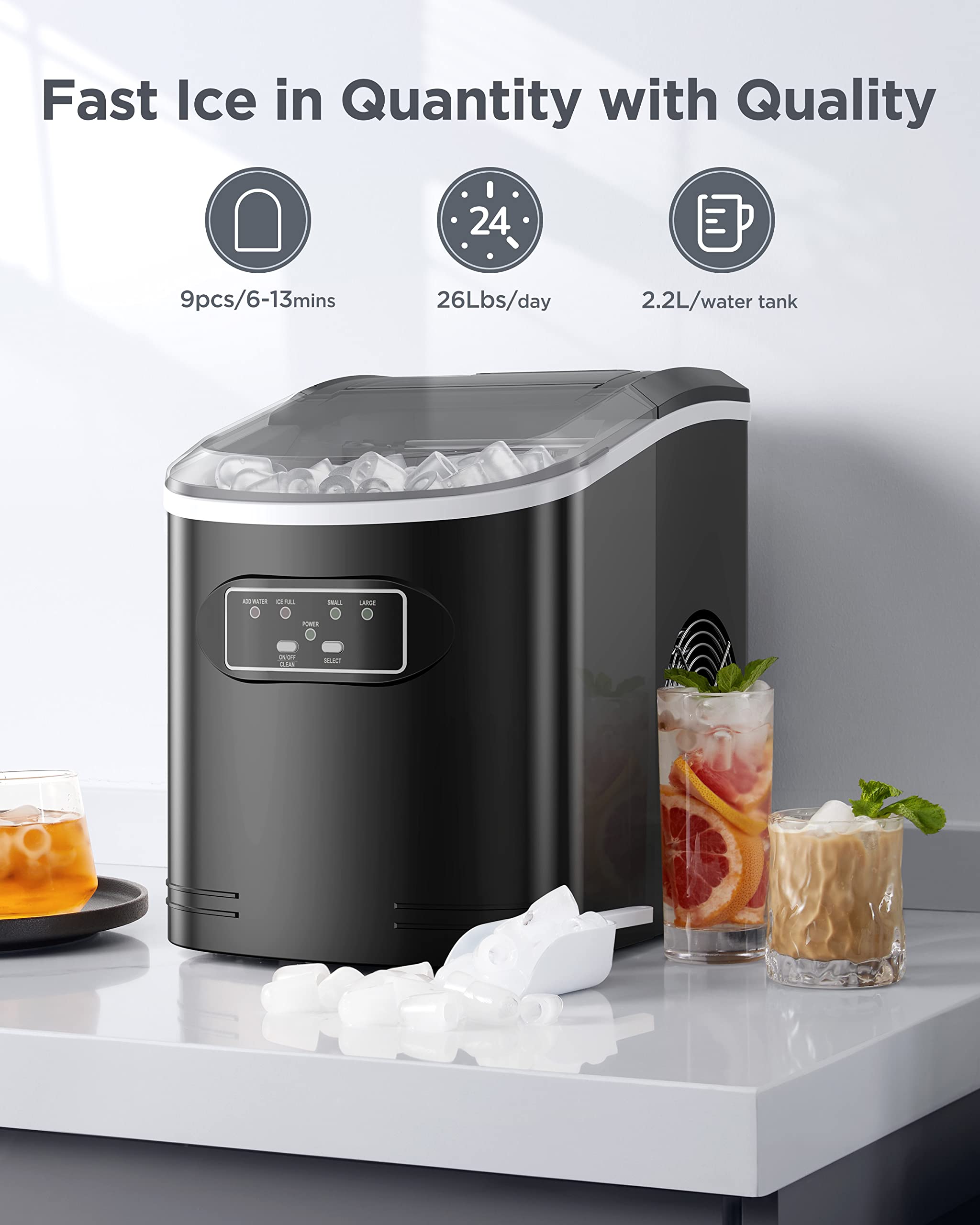 Silonn Ice Maker Machine Countertop, 26 lbs in 24 Hours, 9 Cubes Ready in 6 Mins, Self-Clean Compact Portable Ice Maker with Ice Scoop and Basket, Black (SLIM07)