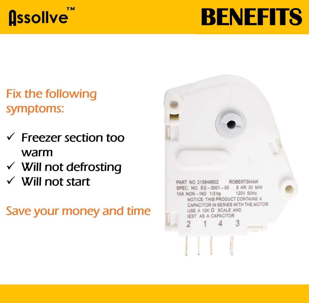 Assollve 2 PACKS 215846602 Refrigerator Defrost Timer Replacement Part Compatible with 215846606 240371001 241621501 AP2111929 PS423801 and more