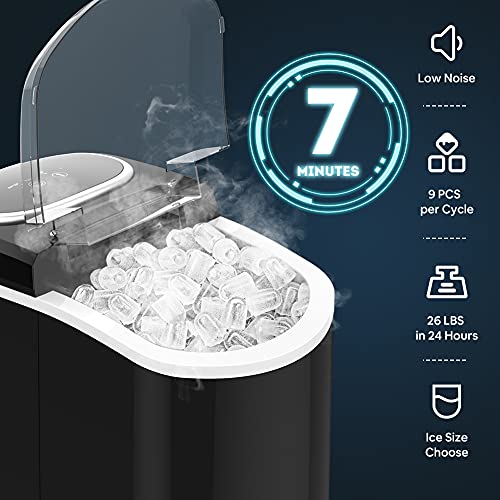 Ice Maker Machine Countertop, Portable Ice Maker with 26lbs/24Hrs, 9 Cubes Ready in 7 Minutes, Self Cleaning, Transparent Window, LifePlus Ice Cube Maker for Home Kitchen Office Bar