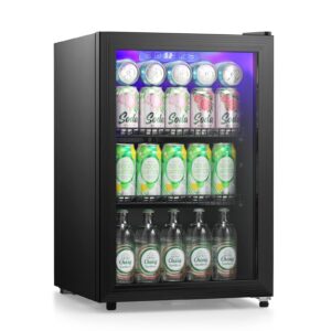 r.w.flame beverage refrigerator cooler, 80 cans mini fridge with double glass door and led lights, small refrigerator for office, home or bedroom, wine cooler digital temperature control, 2.4cu.ft