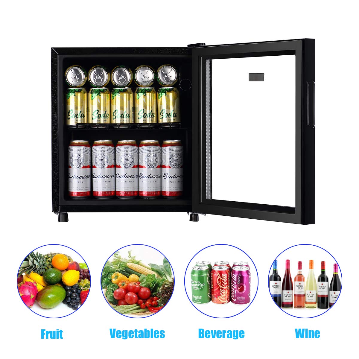 Beverage Refrigerator Cooler 60 Can Cooler Fridge Glass Door for Beer Drinks Wines Juice, 1.6 Cu. Ft Adjustable Shelves Blue LED Lights and User Friendly Temperature Knob for Home Office Dorm Bar