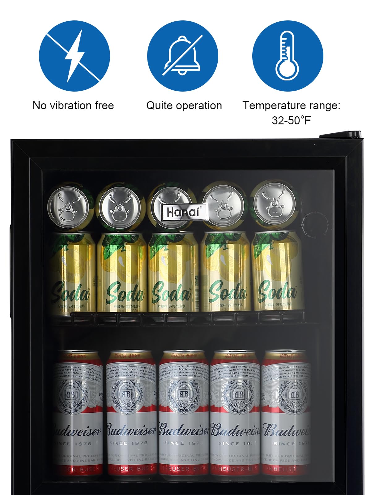 Beverage Refrigerator Cooler 60 Can Cooler Fridge Glass Door for Beer Drinks Wines Juice, 1.6 Cu. Ft Adjustable Shelves Blue LED Lights and User Friendly Temperature Knob for Home Office Dorm Bar