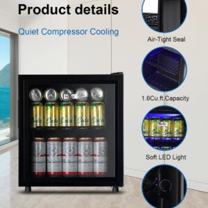 Beverage Refrigerator Cooler 60 Can Cooler Fridge Glass Door for Beer Drinks Wines Juice, 1.6 Cu. Ft Adjustable Shelves Blue LED Lights and User Friendly Temperature Knob for Home Office Dorm Bar