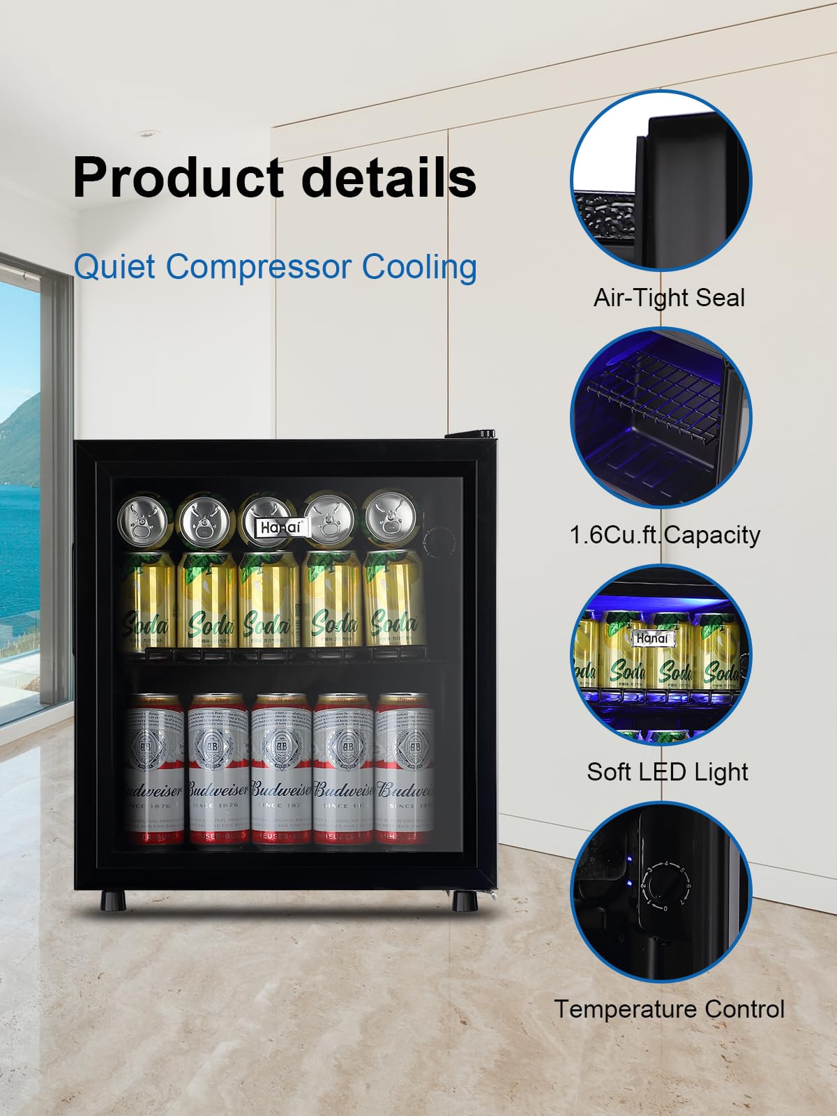 Beverage Refrigerator Cooler 60 Can Cooler Fridge Glass Door for Beer Drinks Wines Juice, 1.6 Cu. Ft Adjustable Shelves Blue LED Lights and User Friendly Temperature Knob for Home Office Dorm Bar