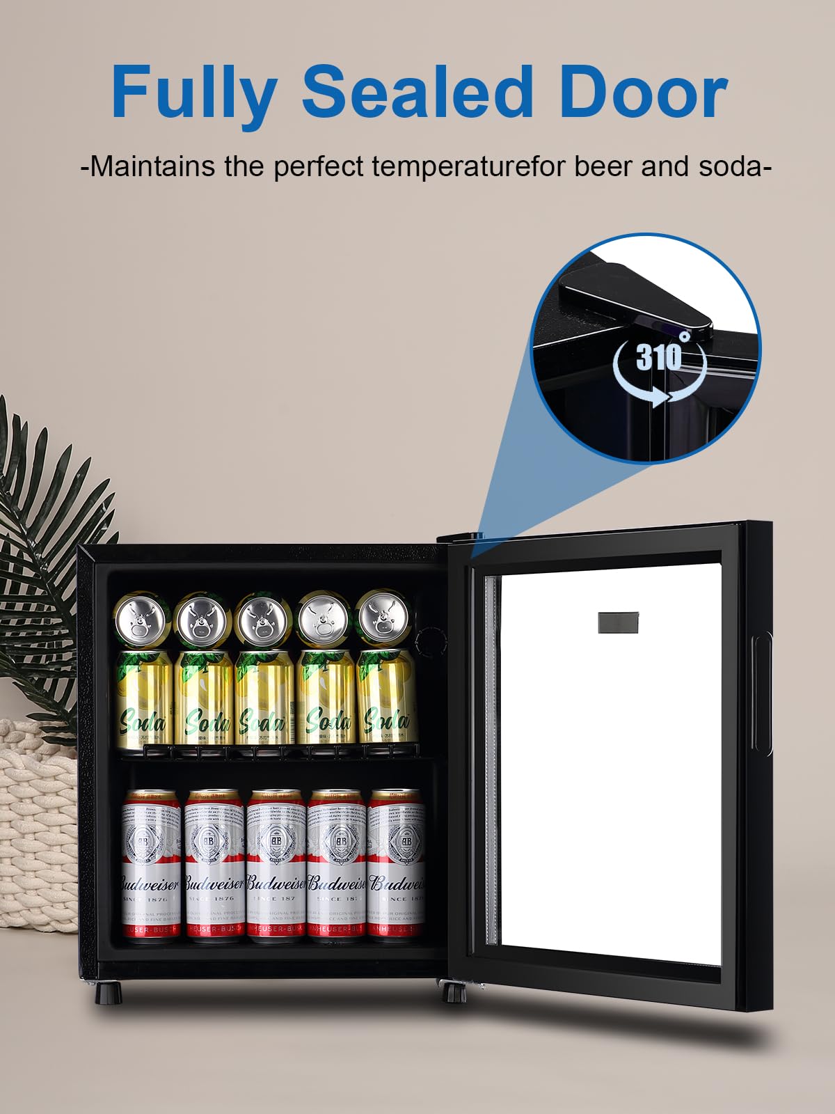 Beverage Refrigerator Cooler 60 Can Cooler Fridge Glass Door for Beer Drinks Wines Juice, 1.6 Cu. Ft Adjustable Shelves Blue LED Lights and User Friendly Temperature Knob for Home Office Dorm Bar