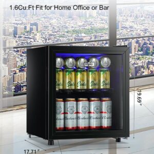 Beverage Refrigerator Cooler 60 Can Cooler Fridge Glass Door for Beer Drinks Wines Juice, 1.6 Cu. Ft Adjustable Shelves Blue LED Lights and User Friendly Temperature Knob for Home Office Dorm Bar