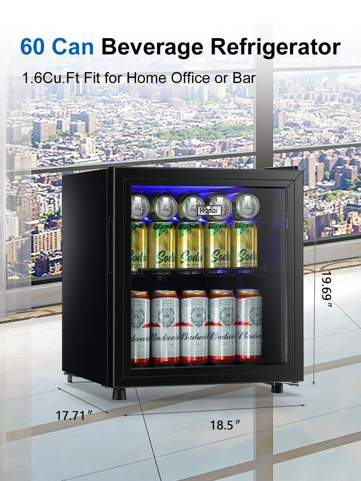 Beverage Refrigerator Cooler 60 Can Cooler Fridge Glass Door for Beer Drinks Wines Juice, 1.6 Cu. Ft Adjustable Shelves Blue LED Lights and User Friendly Temperature Knob for Home Office Dorm Bar