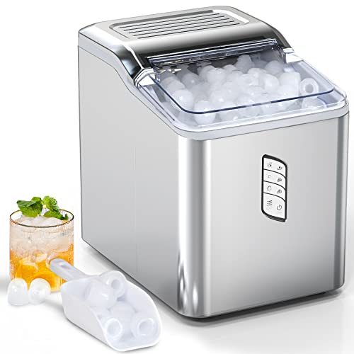 Ice Makers Countertop, Portable Ice Maker, 26lbs/24Hrs 9 Bullet Ice Cubes Ready in 7 Mins, Self-Cleaning Function, L&S Size, with Ice Scoop and Basket, Perfect for Party, Silver