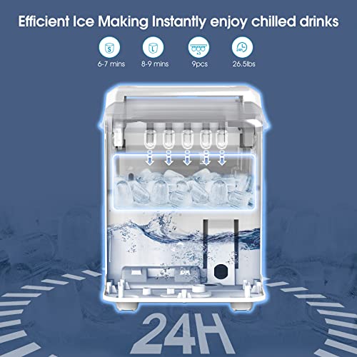 Ice Makers Countertop, Portable Ice Maker, 26lbs/24Hrs 9 Bullet Ice Cubes Ready in 7 Mins, Self-Cleaning Function, L&S Size, with Ice Scoop and Basket, Perfect for Party, Silver