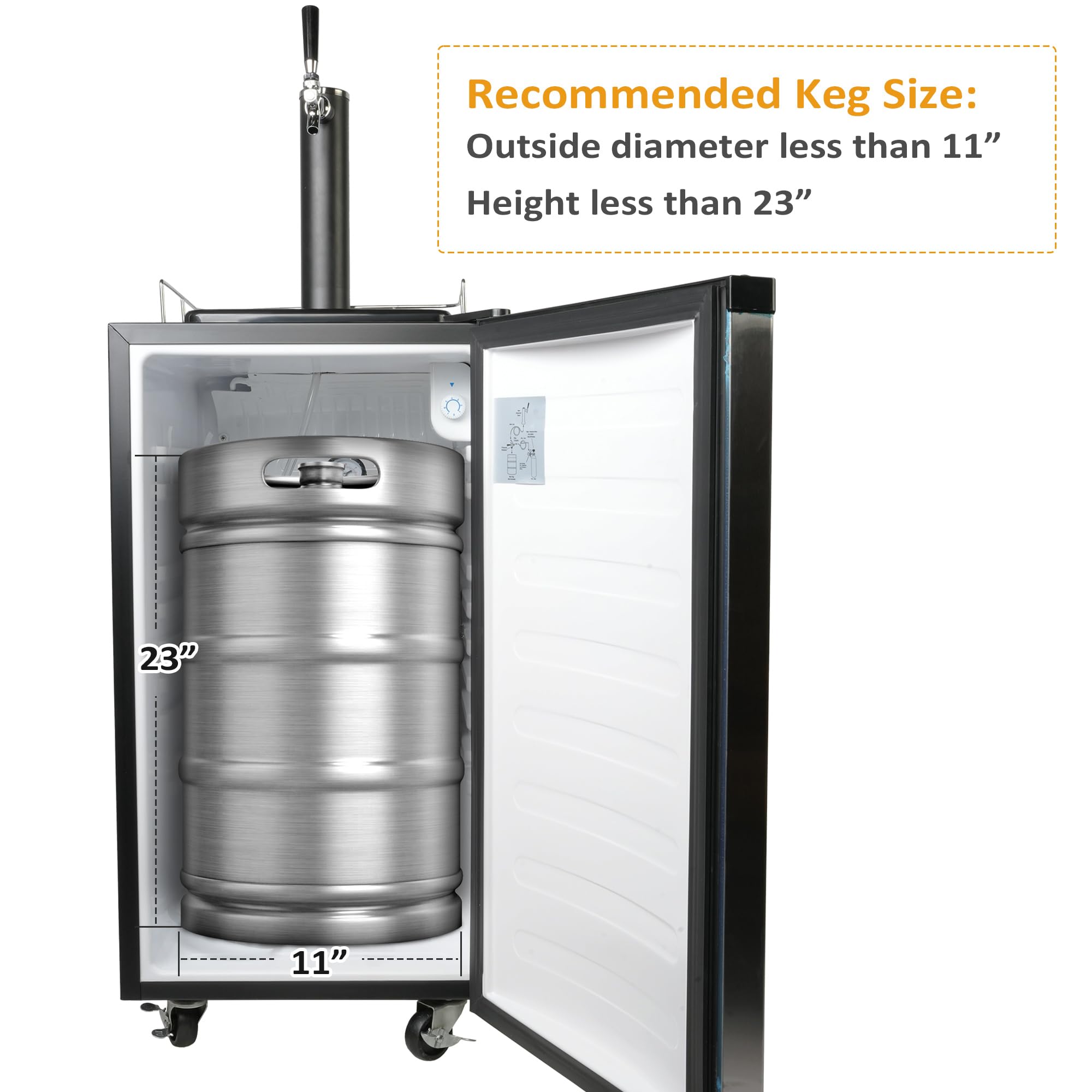 3.4 Cu.Ft. Kegerator, Keg Beer Cooler for Beer Dispensing with 4 Casters, CO2 Cylinder, Temperature Control, Drip Tray, Black Stainless Steel