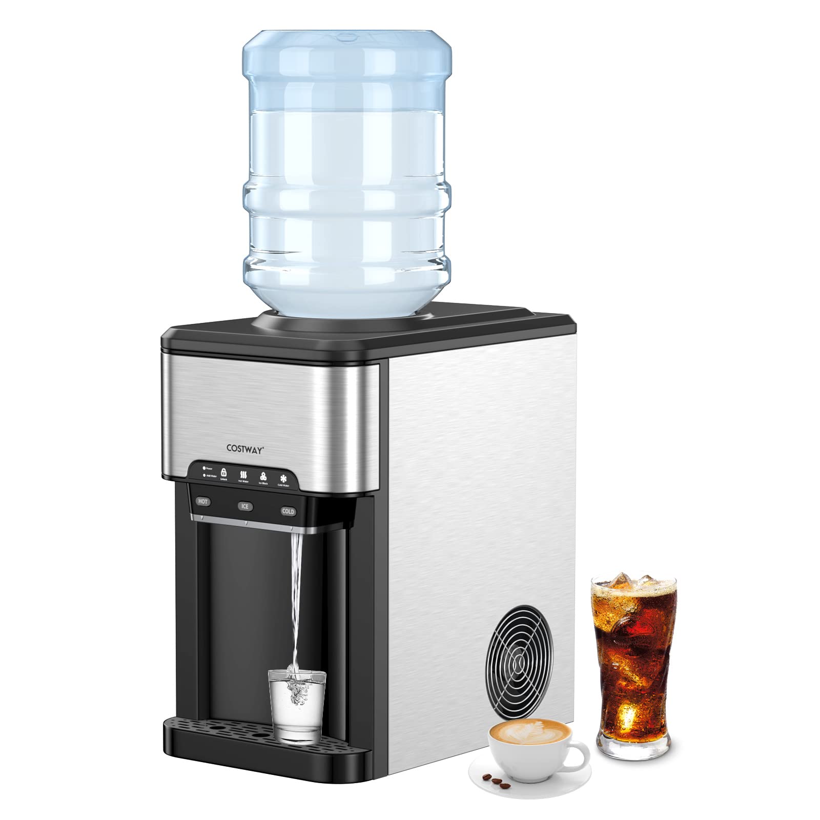 COSTWAY Water Dispenser with Ice Maker, Hold 3-5 Gallon Bottle, 3-in-1 Countertop Top-Loading Hot Cold Water Cooler Machine for Home Office, Safety Lock, 48Lbs/24H, 12 Cubes, 4Lbs Storage Basket