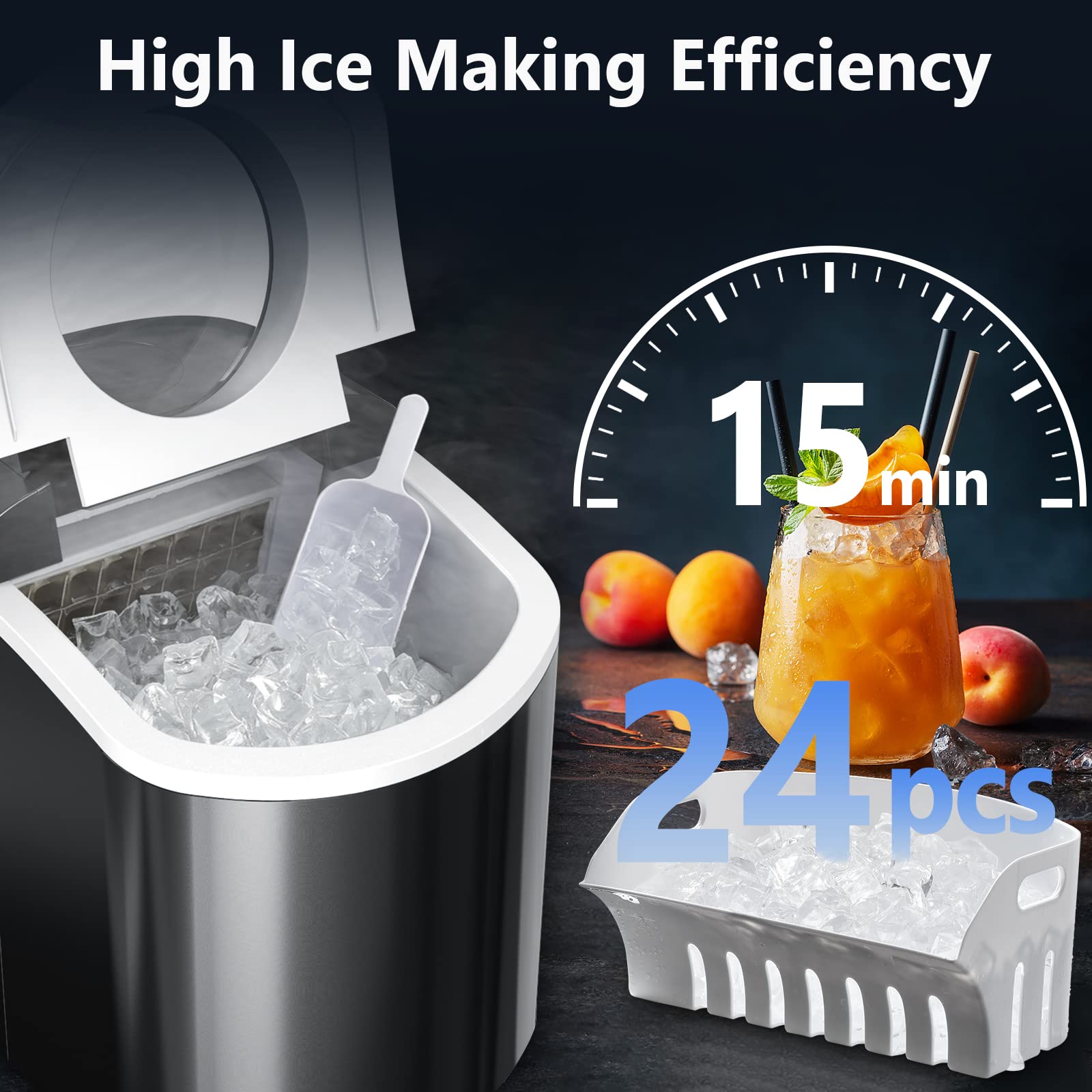Ice Maker Machine for Countertop - Portable Ice Cube Maker delivers 24 Ice Cubes in 15 Min, 33Lbs/24H, Self-Cleaning, Ice Scoop & Basket, LCD Display, Visible Window, for Home Use/Party/Camping, Black