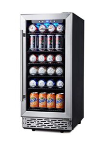beverage refrigerator, phiestina15 inch 96 cans built-in or freestanding beverage cooler mini fridge with auto defrost,glass door & 6 removable shelves for home bar office