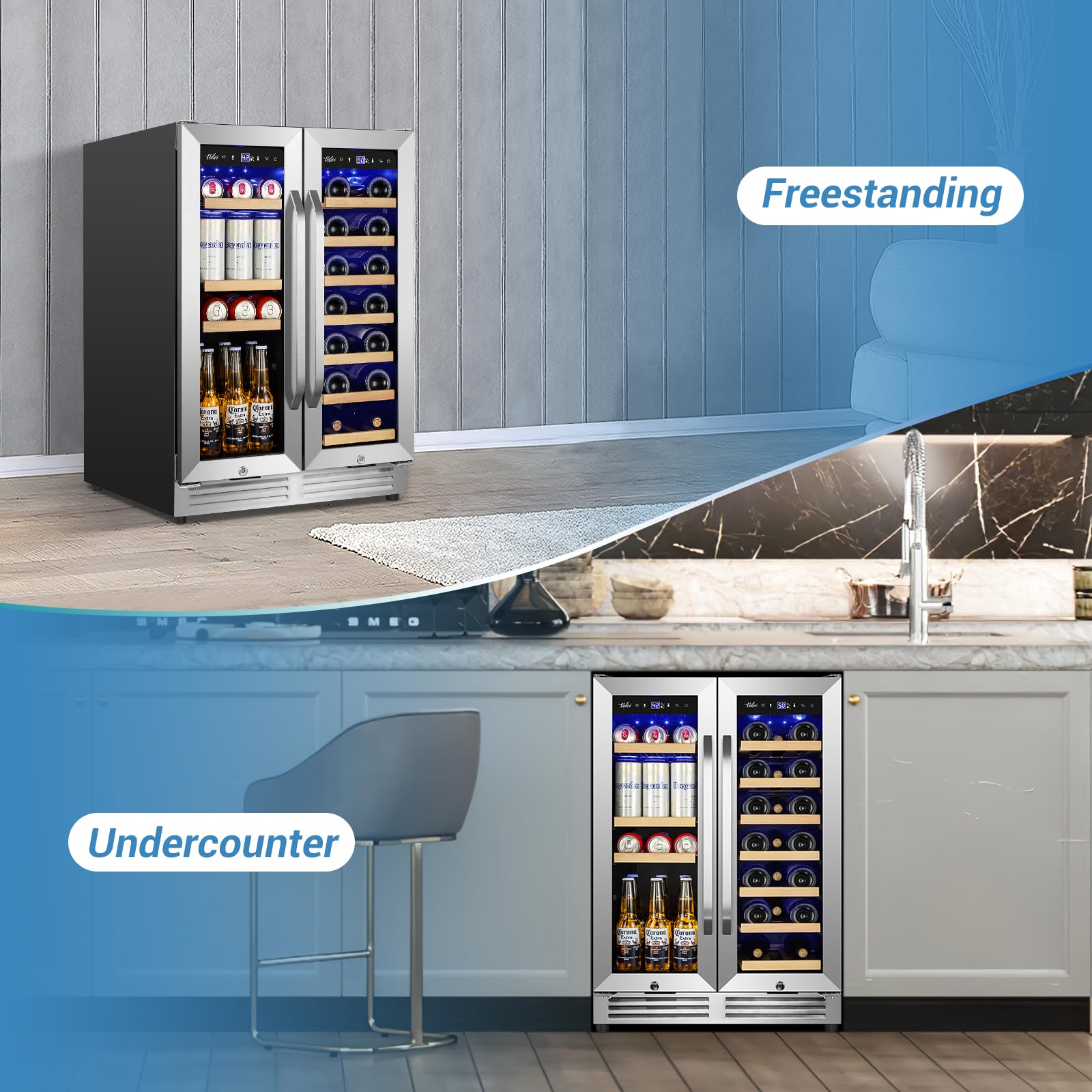 Velivi Wine and Beverage Refrigerator Under Counter, 24 Inch Beverage Fridge Dual Zone with Glass Door, Freestanding & Built In Beverage Cooler with Increase Capacity Space, Advanced Cooling System