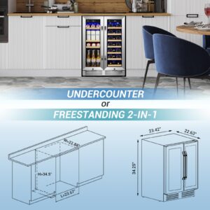 Velivi Wine and Beverage Refrigerator Under Counter, 24 Inch Beverage Fridge Dual Zone with Glass Door, Freestanding & Built In Beverage Cooler with Increase Capacity Space, Advanced Cooling System
