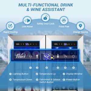 Velivi Wine and Beverage Refrigerator Under Counter, 24 Inch Beverage Fridge Dual Zone with Glass Door, Freestanding & Built In Beverage Cooler with Increase Capacity Space, Advanced Cooling System