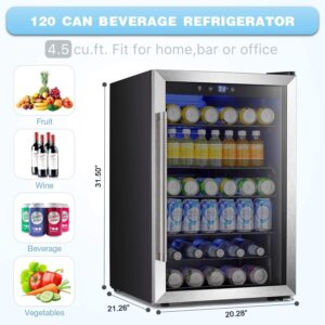 Beverage Refigerator -145 Can Mini Fridge with Glass Door for Soda Beer or Wine,Small Drink Dispenser, Can Cooler，For Bedroom, Home, Bar&Office with Adjustable Removable Shelves 4.5 Cu. Ft.