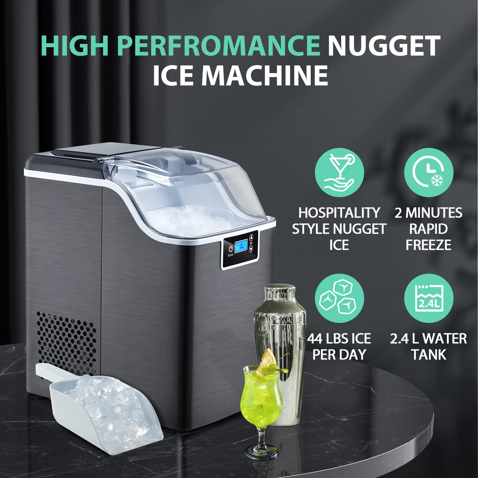Nugget Ice Maker Countertop, FREE VILLAGE 44Lbs/24H Portable Ice Maker for Soft & Chewable Nugget Pellet Ice, Self-Cleaning & Quiet, Ice Machine with Ice Scoop and Basket for Home Office Bar Party