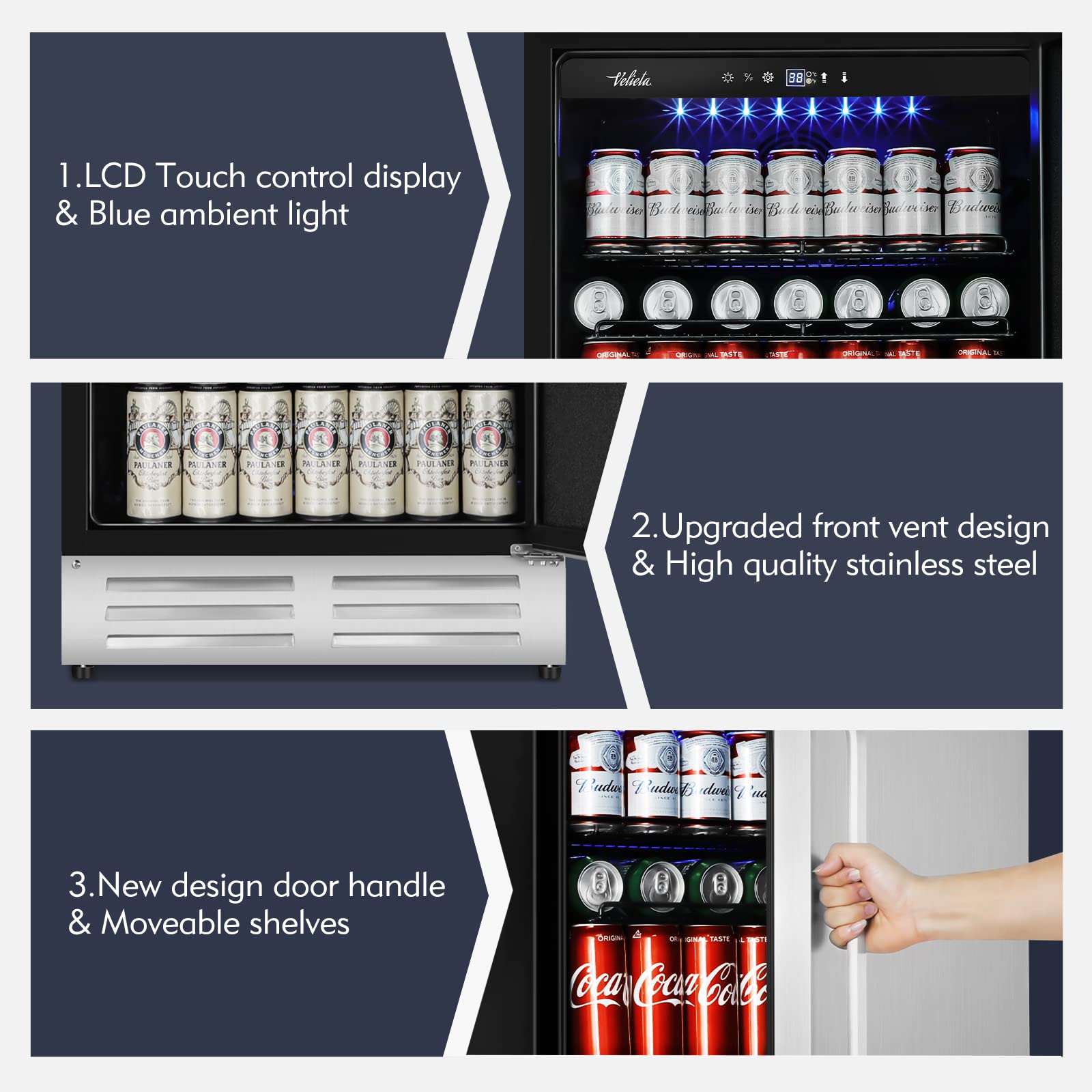 Velieta 24 Inch Beverage Refrigerator Cooler,Stainless Steel Wide Refrigerator for 210 Cans,Fit Perfectly for 24" Space Built-in Counter or Freestanding with powerful and quiet cooling system