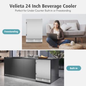 Velieta 24 Inch Beverage Refrigerator Cooler,Stainless Steel Wide Refrigerator for 210 Cans,Fit Perfectly for 24" Space Built-in Counter or Freestanding with powerful and quiet cooling system