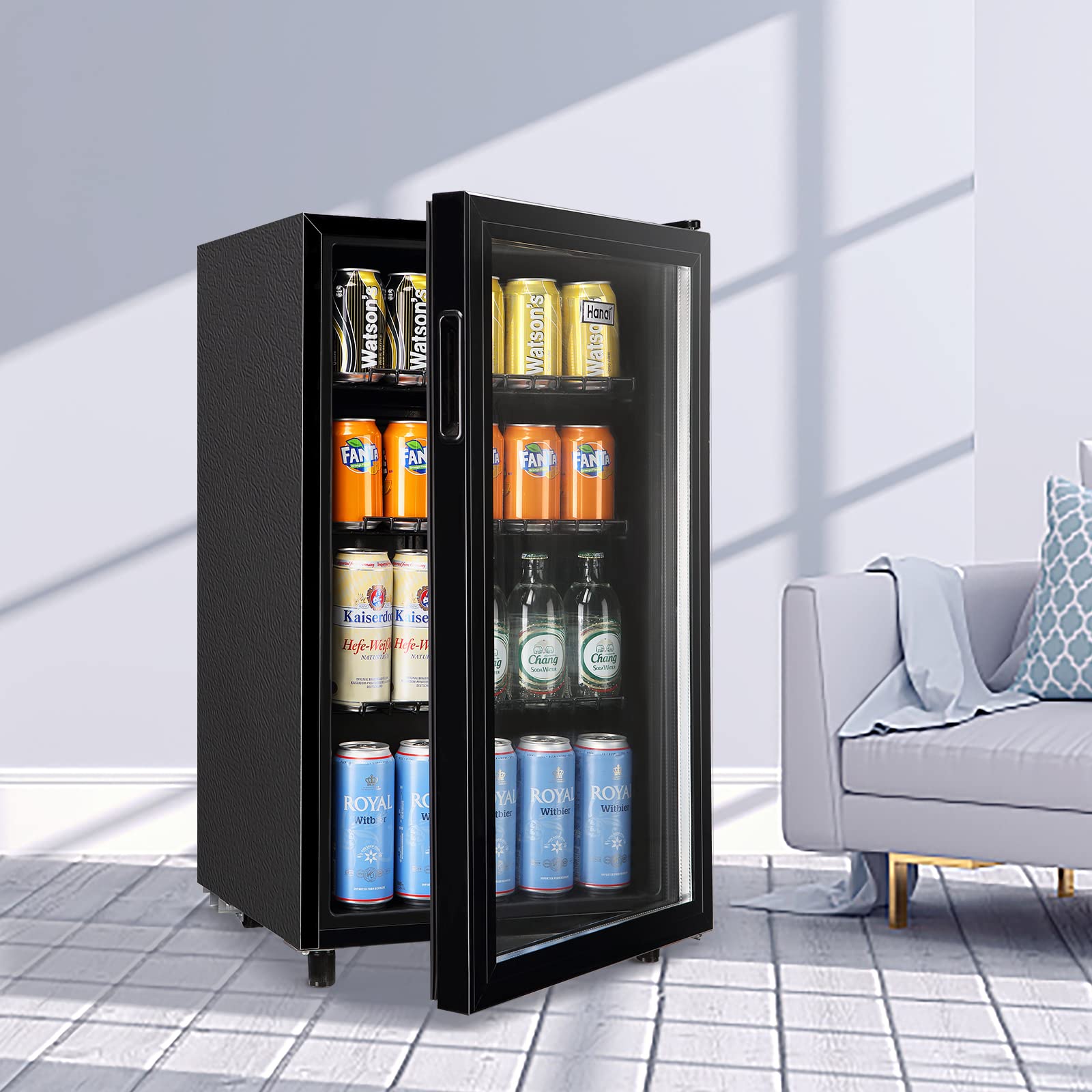 WANAI Mini Fridge Cooler 125Cans Beverage Refrigerator Glass Door Beverage Cooler for Beers Wine Juicer Cooler Adjustable Shelves LED Lights for Home, Office or Bar