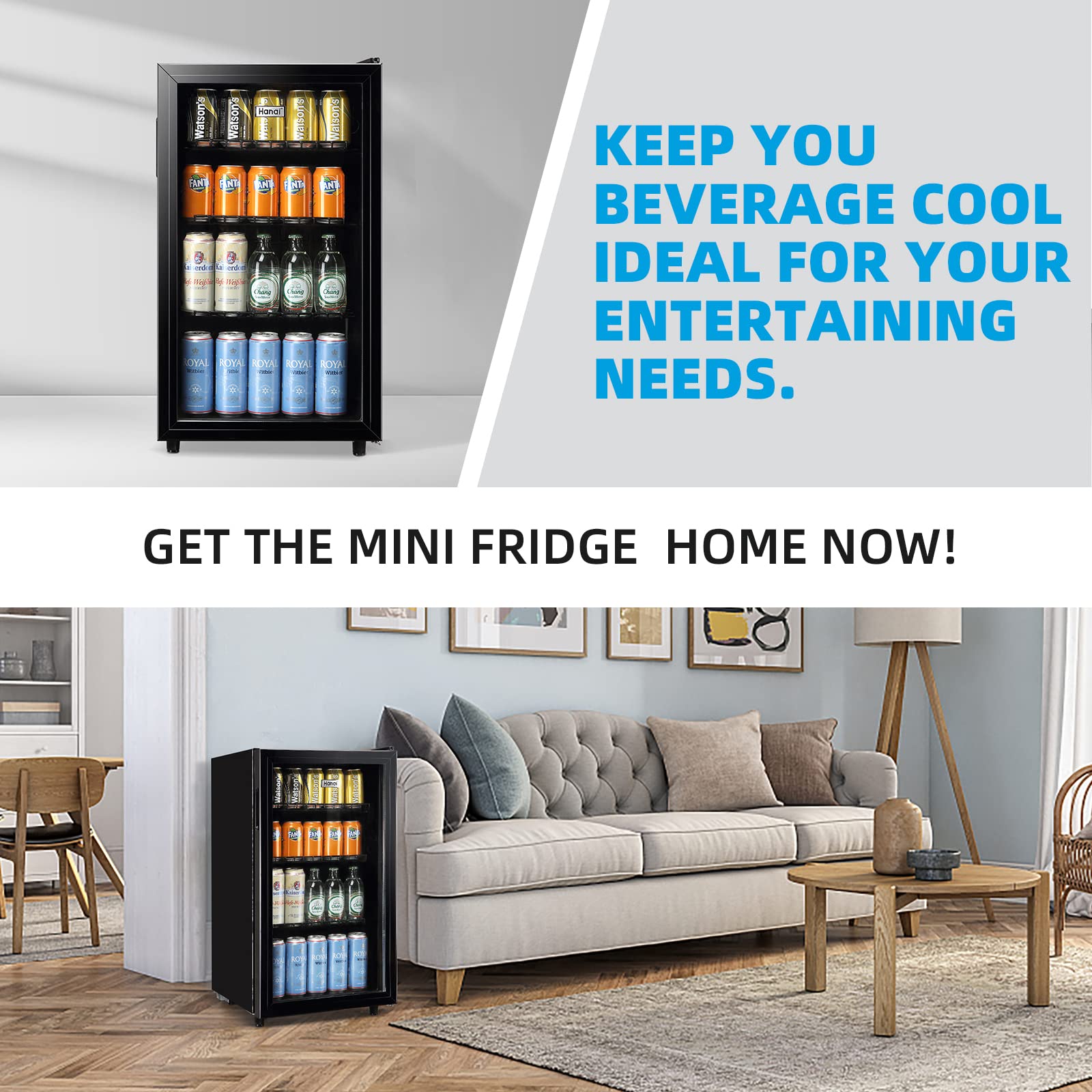 WANAI Mini Fridge Cooler 125Cans Beverage Refrigerator Glass Door Beverage Cooler for Beers Wine Juicer Cooler Adjustable Shelves LED Lights for Home, Office or Bar