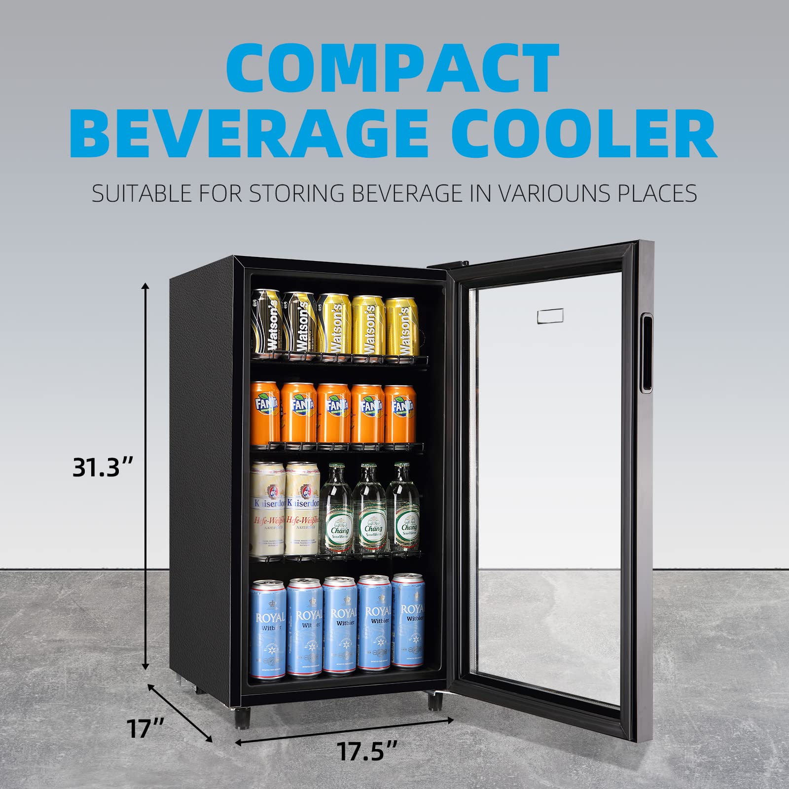 WANAI Mini Fridge Cooler 125Cans Beverage Refrigerator Glass Door Beverage Cooler for Beers Wine Juicer Cooler Adjustable Shelves LED Lights for Home, Office or Bar