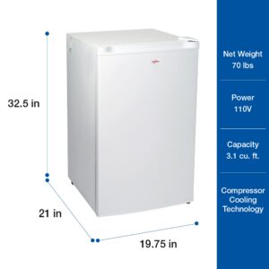 Koolatron Compact Upright Freezer, 3.1 cu ft (88L), White, Manual Defrost Design, Space-Saving Flat Back, Reversible Door, 3 Pull-Out Basket Shelves, for Apartment, Condo, Cottage