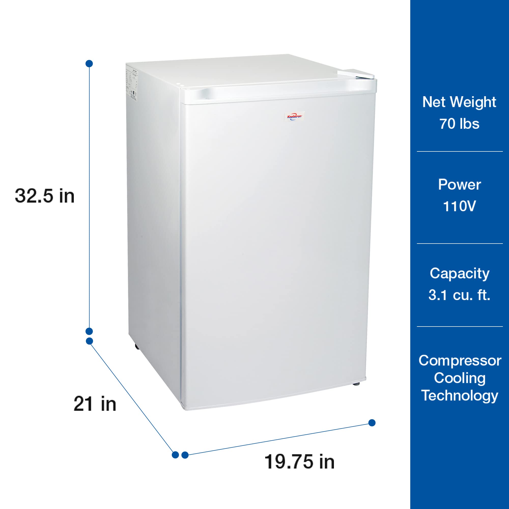 Koolatron Compact Upright Freezer, 3.1 cu ft (88L), White, Manual Defrost Design, Space-Saving Flat Back, Reversible Door, 3 Pull-Out Basket Shelves, for Apartment, Condo, Cottage