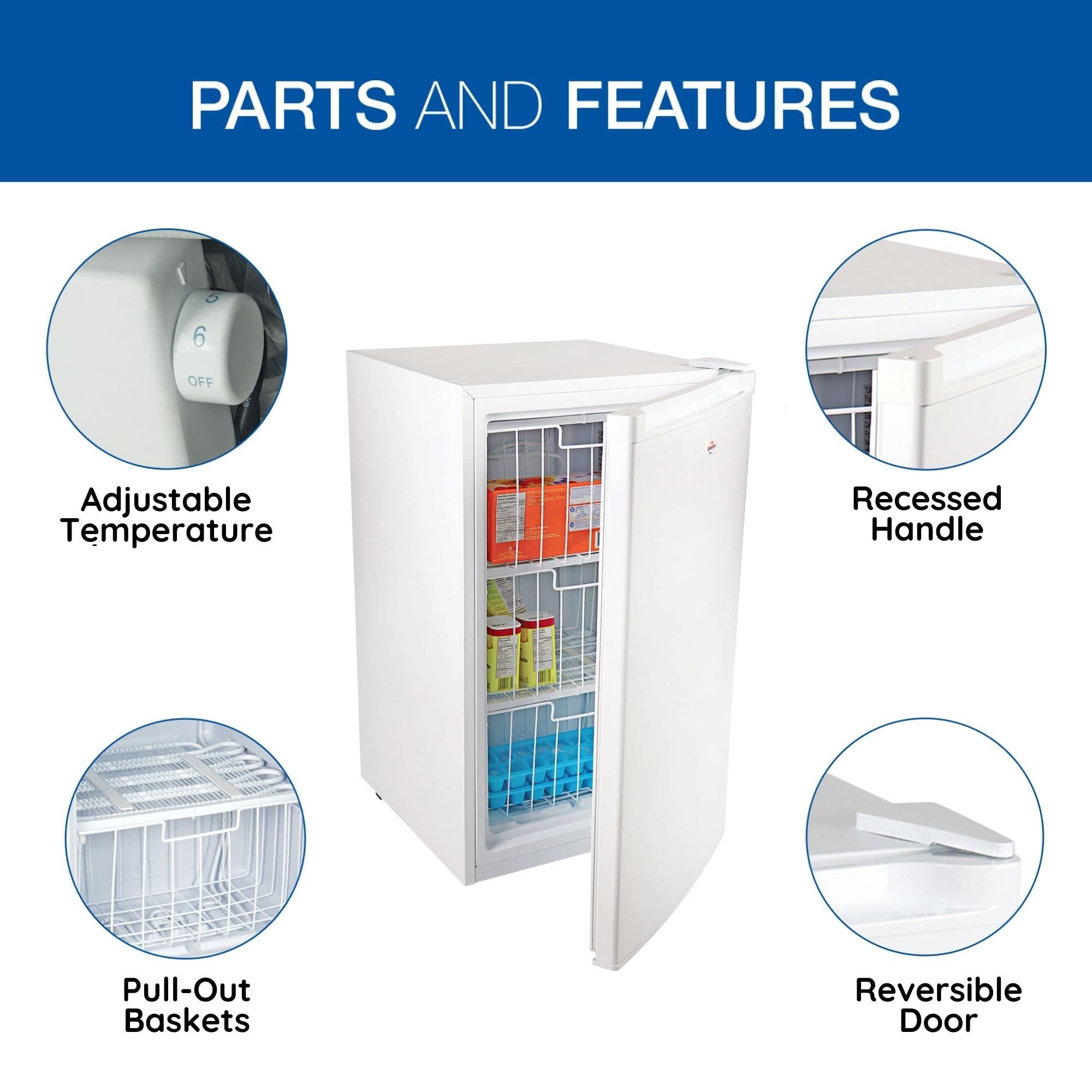 Koolatron Compact Upright Freezer, 3.1 cu ft (88L), White, Manual Defrost Design, Space-Saving Flat Back, Reversible Door, 3 Pull-Out Basket Shelves, for Apartment, Condo, Cottage