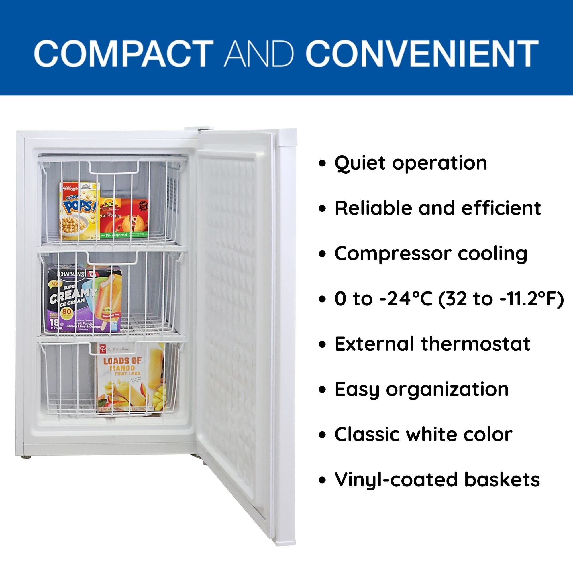 Koolatron Compact Upright Freezer, 3.1 cu ft (88L), White, Manual Defrost Design, Space-Saving Flat Back, Reversible Door, 3 Pull-Out Basket Shelves, for Apartment, Condo, Cottage