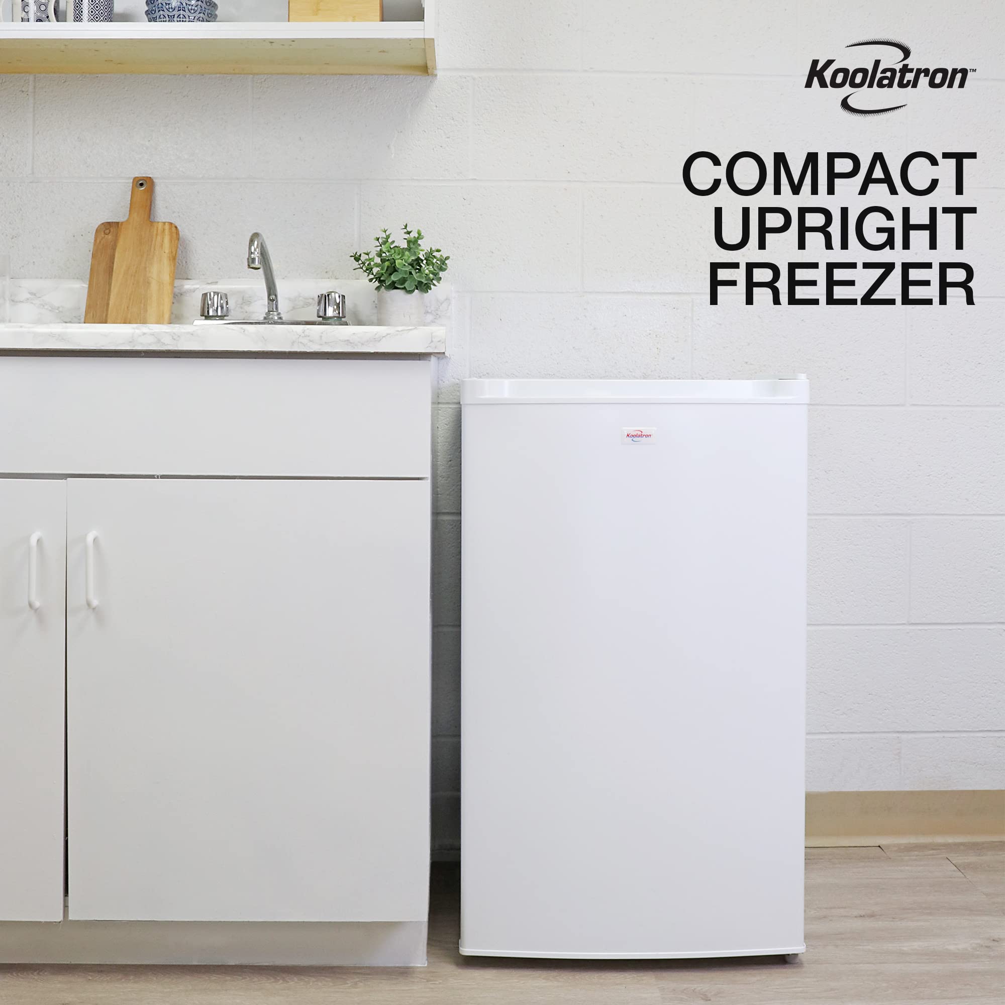 Koolatron Compact Upright Freezer, 3.1 cu ft (88L), White, Manual Defrost Design, Space-Saving Flat Back, Reversible Door, 3 Pull-Out Basket Shelves, for Apartment, Condo, Cottage