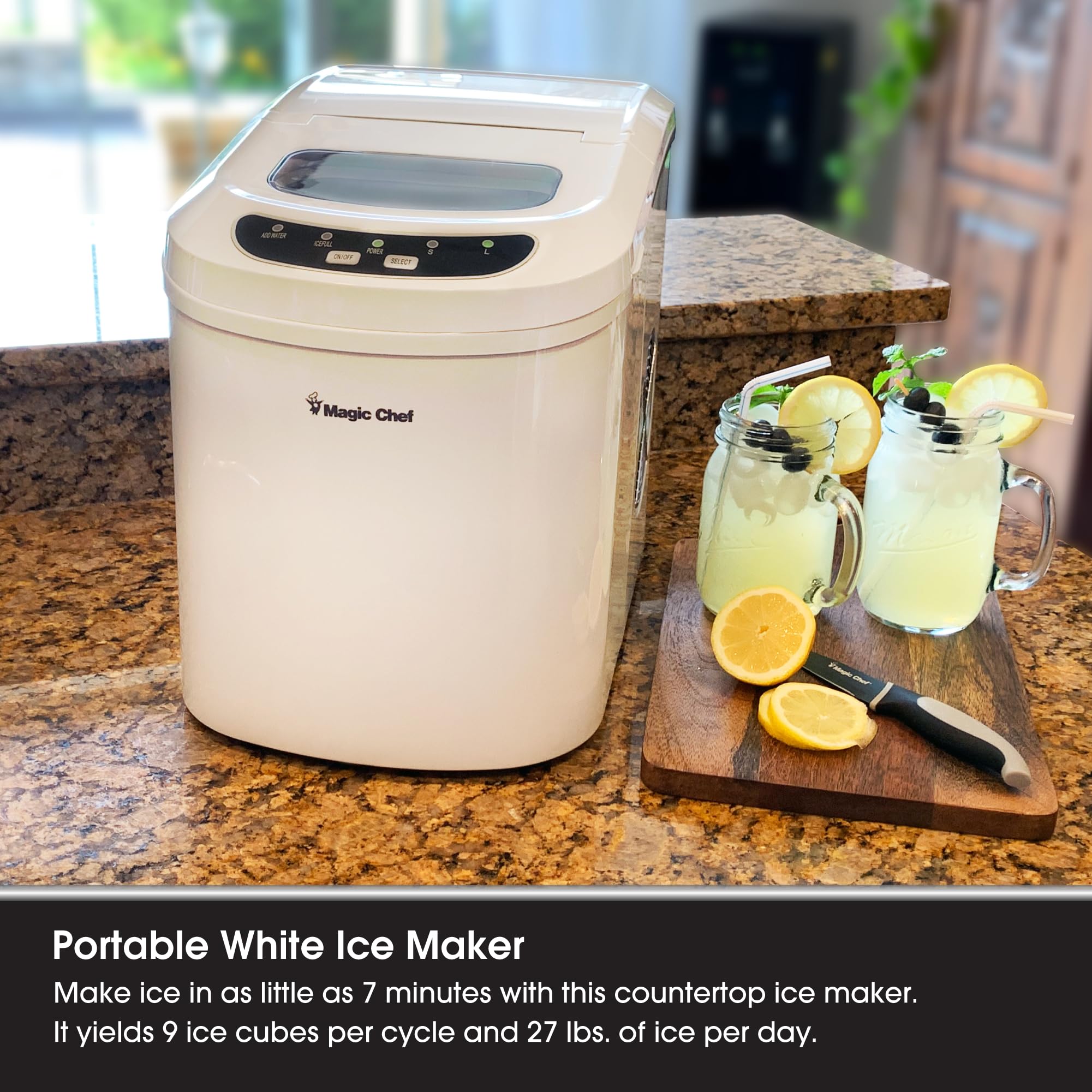 Magic Chef Portable Countertop Ice Maker, Small Ice Maker for Kitchen or Home Bar, Tabletop Ice Maker for Entertaining, 27-Pound Capacity, White