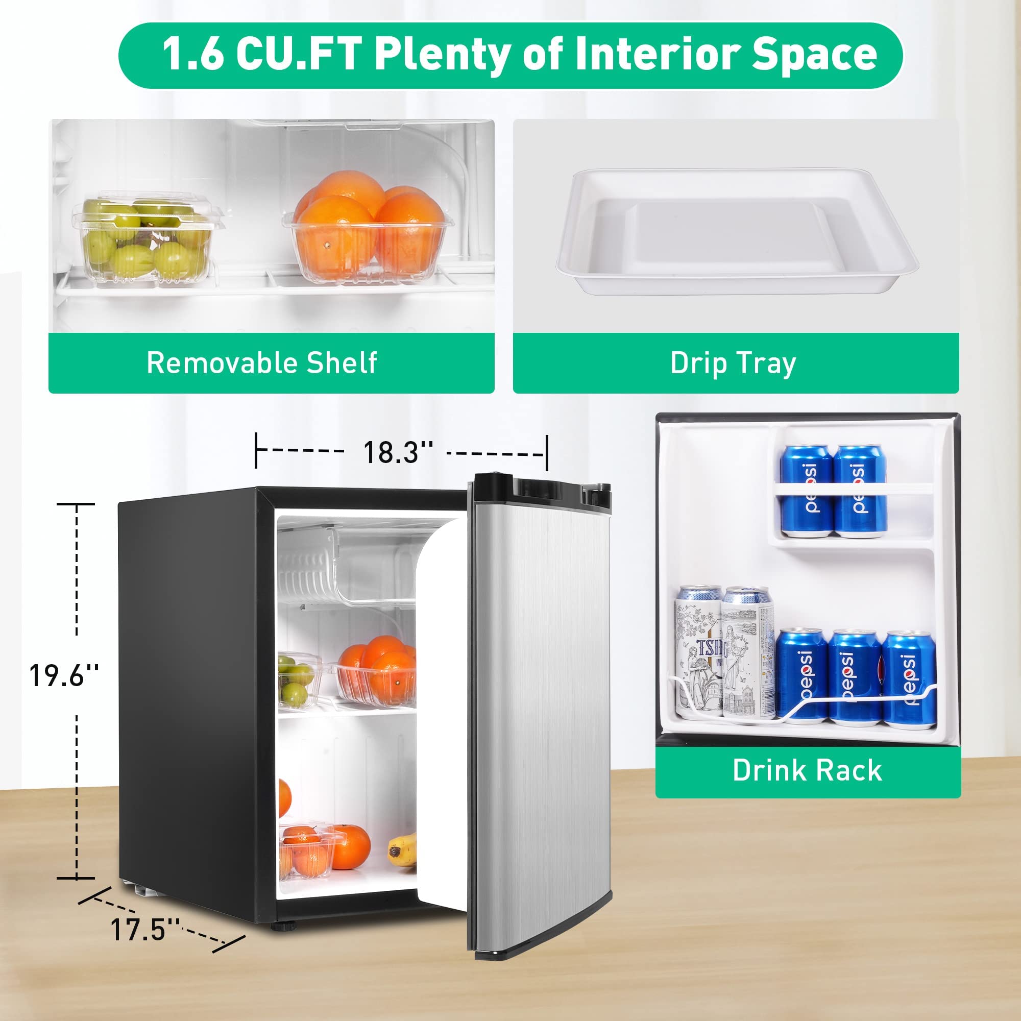 Mini Fridge with Freezer, Single Door Compact Refrigerator with Adjustable Legs, Adjustable Thermostat Control, Removable Shelf, Small Fridge Perfect for Home/Dorm/Office/Apartment, 1.6 Cu.Ft.
