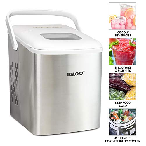 Igloo ICEB26HNSSWL Stainless Steel Automatic Self-Cleaning Portable Electric Countertop Ice Maker Machine With Handle, 9 Ice Cubes Ready in 7 minutes, With Ice Scoop and Basket, Stainless/White