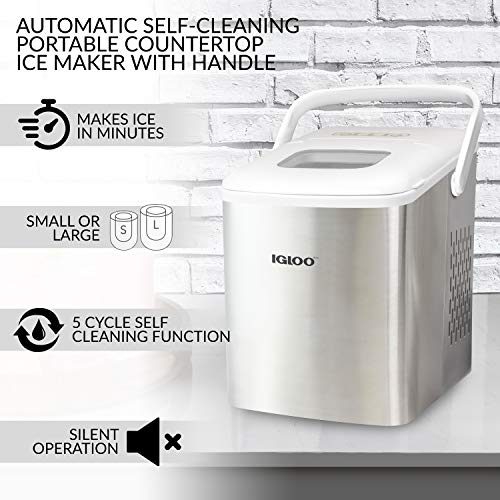 Igloo ICEB26HNSSWL Stainless Steel Automatic Self-Cleaning Portable Electric Countertop Ice Maker Machine With Handle, 9 Ice Cubes Ready in 7 minutes, With Ice Scoop and Basket, Stainless/White
